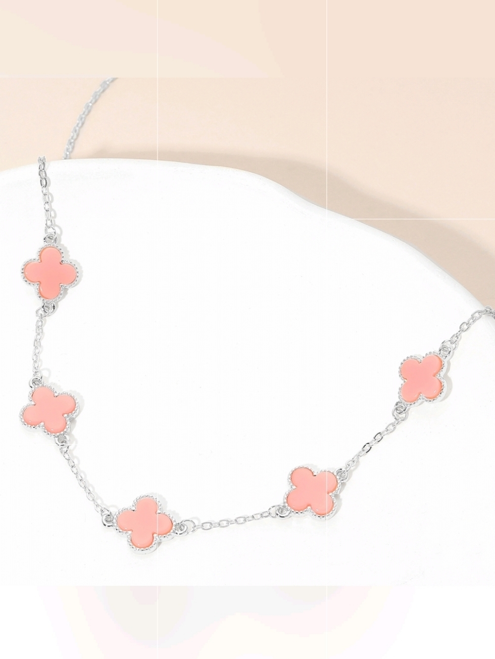 Pink Silver Dipped 0.5 Quatrefoil Clover Chain Necklace Station Pendant